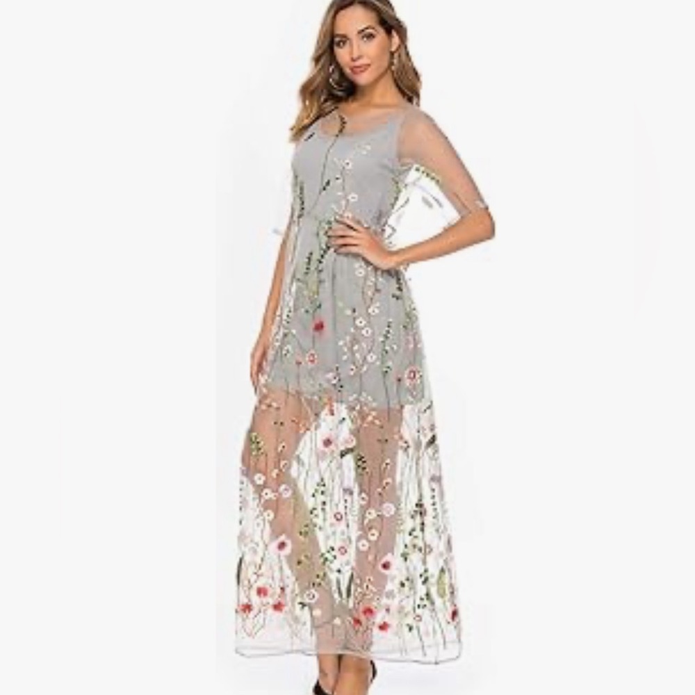 New Floral Embroidered Tulle Prom Half-Sleeve V Neck Midi Dress with Waist Strap